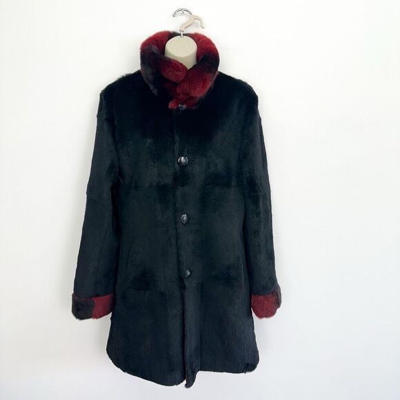 Overland Jackets & Blazers - Overland Reversible Women’s Black Rabbit Burgundy Red Rex Rabbit Trim Collar Cuf